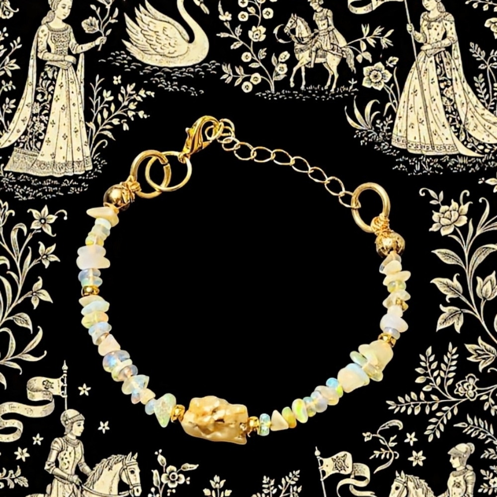 Nature's Raw Ethiopian Yellow Fire Opal In Freeform Artisan Gold Plated Bracelet